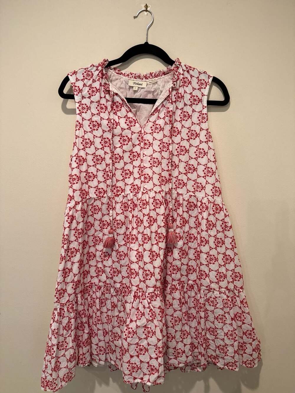Tolani Red & White Embroidered Tiered Sleeveless Mini Dress Size L